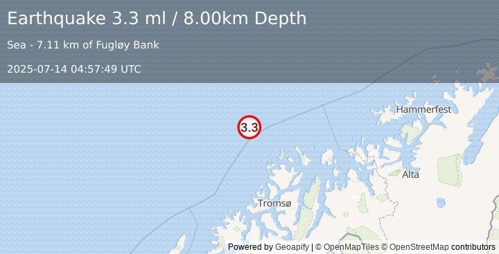 Earthquake NORTHERN NORWAY (3.3 ml) (2025-07-14 04:57:49 UTC)
