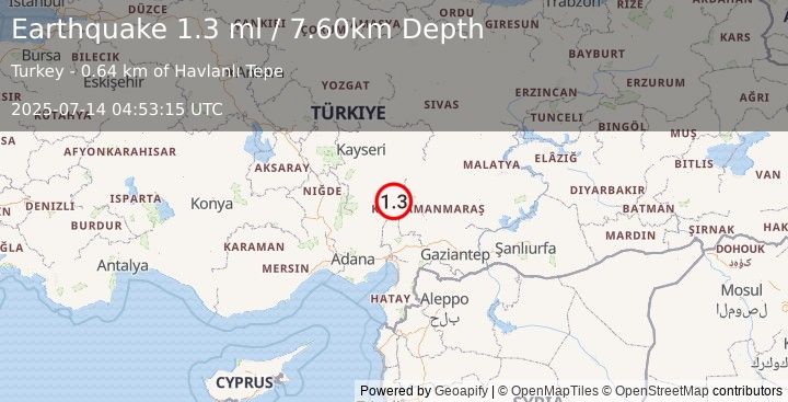 Earthquake CENTRAL TURKEY (1.3 ml) (2025-07-14 04:53:15 UTC)