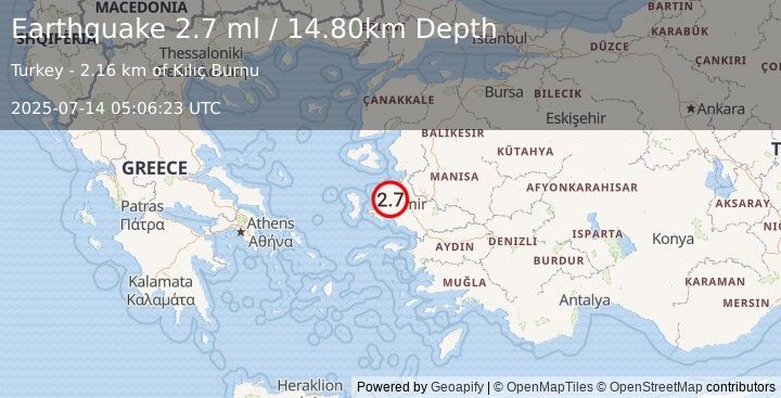 Earthquake NEAR THE COAST OF WESTERN TURKEY (2.6 ml) (2025-07-14 05:06:24 UTC)