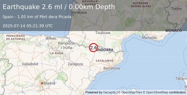 Earthquake PYRENEES (2.6 ml) (2025-07-14 05:21:39 UTC)