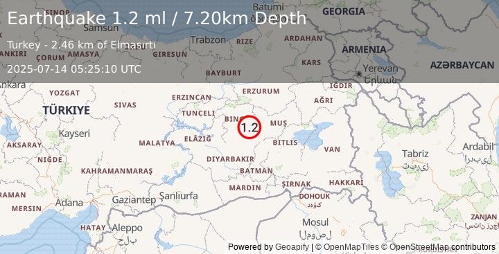 Earthquake EASTERN TURKEY (1.2 ml) (2025-07-14 05:25:10 UTC)