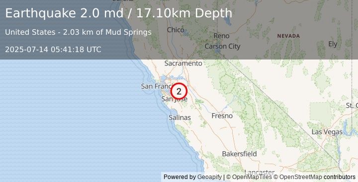 Earthquake NORTHERN CALIFORNIA (2.0 md) (2025-07-14 05:41:18 UTC)
