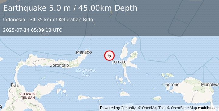 Earthquake MOLUCCA SEA (5.5 mb) (2025-07-14 05:39:11 UTC)