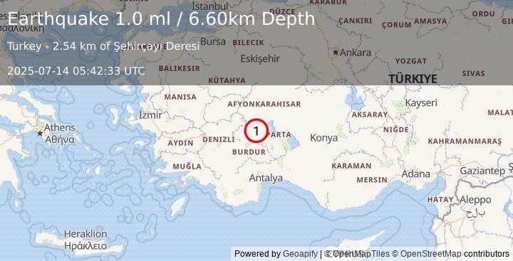 Earthquake WESTERN TURKEY (1.0 ml) (2025-07-14 05:42:33 UTC)