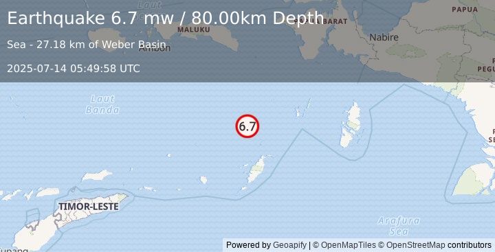 Earthquake KEP. TANIMBAR REGION, INDONESIA (6.7 mw) (2025-07-14 05:49:58 UTC)