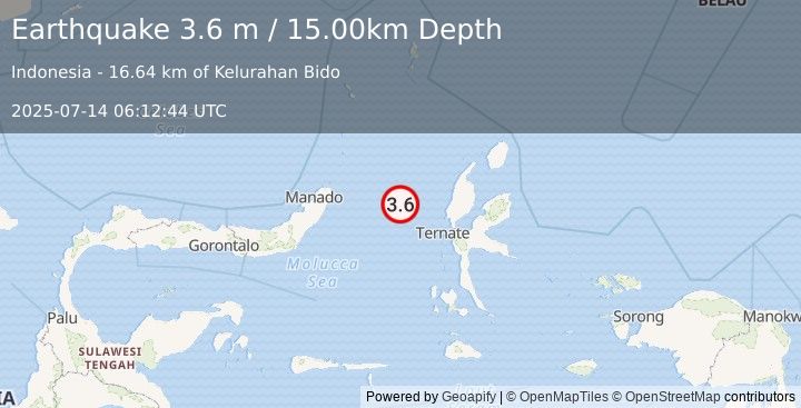 Earthquake MOLUCCA SEA (3.6 m) (2025-07-14 06:12:44 UTC)
