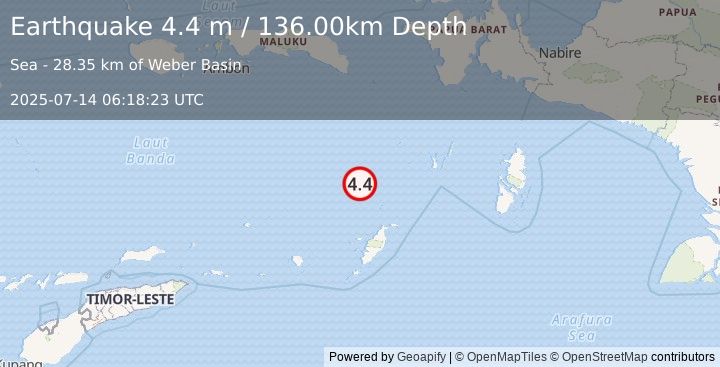 Earthquake KEP. TANIMBAR REGION, INDONESIA (4.4 m) (2025-07-14 06:18:23 UTC)