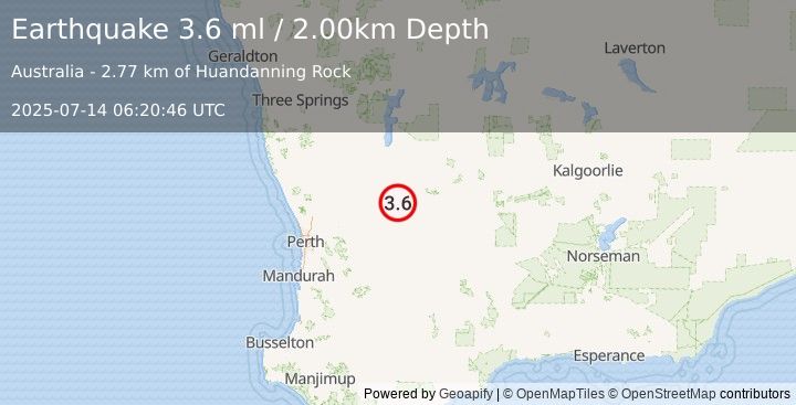 Earthquake WESTERN AUSTRALIA (3.6 ml) (2025-07-14 06:20:46 UTC)