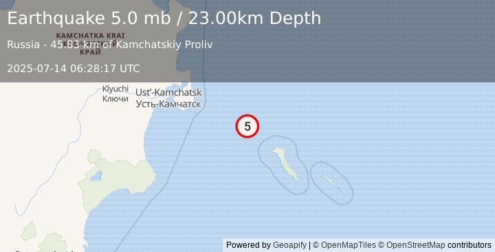 Earthquake KOMANDORSKIYE OSTROVA REGION (5.0 mb) (2025-07-14 06:28:16 UTC)