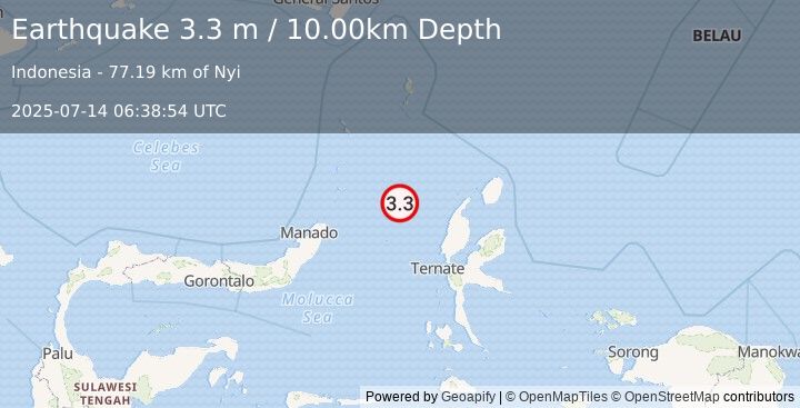 Earthquake MOLUCCA SEA (3.3 m) (2025-07-14 06:38:54 UTC)