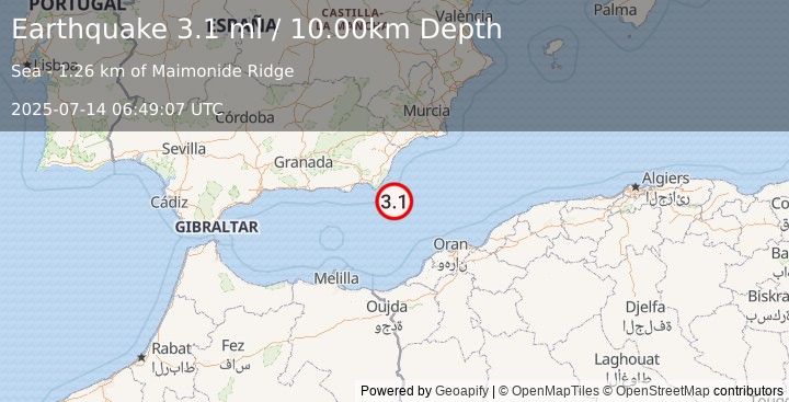 Earthquake WESTERN MEDITERRANEAN SEA (3.1 ml) (2025-07-14 06:49:07 UTC)