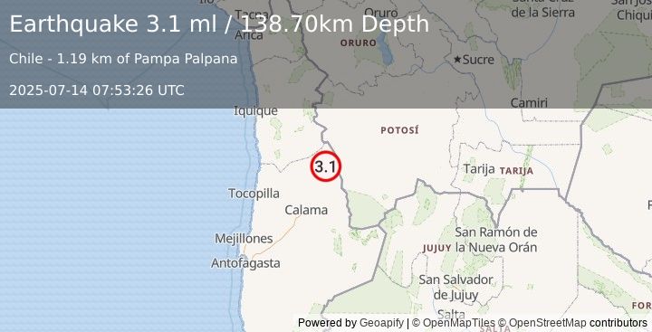 Earthquake ANTOFAGASTA, CHILE (3.1 ml) (2025-07-14 07:53:26 UTC)