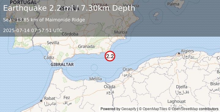 Earthquake WESTERN MEDITERRANEAN SEA (2.2 ml) (2025-07-14 07:57:51 UTC)