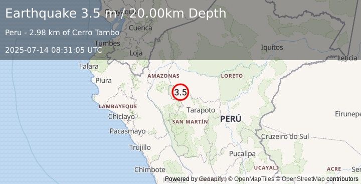 Earthquake NORTHERN PERU (3.5 m) (2025-07-14 08:31:05 UTC)
