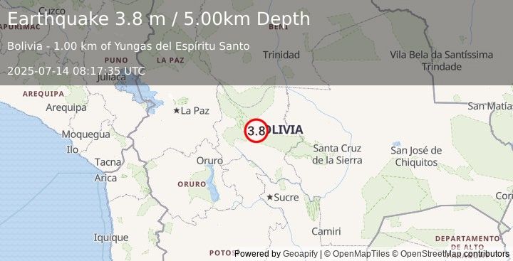 Earthquake COCHABAMBA, BOLIVIA (3.8 m) (2025-07-14 08:17:35 UTC)