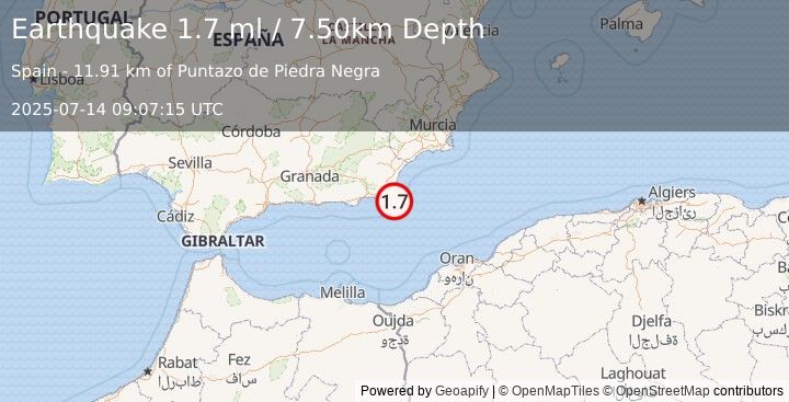 Earthquake WESTERN MEDITERRANEAN SEA (1.7 ml) (2025-07-14 09:07:15 UTC)