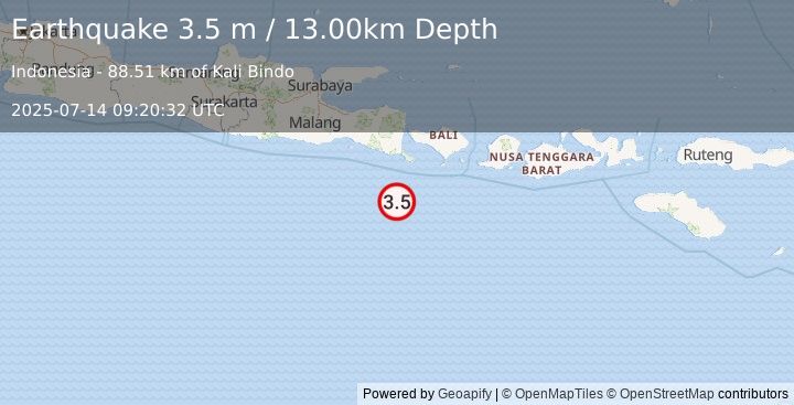 Earthquake SOUTH OF BALI, INDONESIA (3.5 m) (2025-07-14 09:20:32 UTC)
