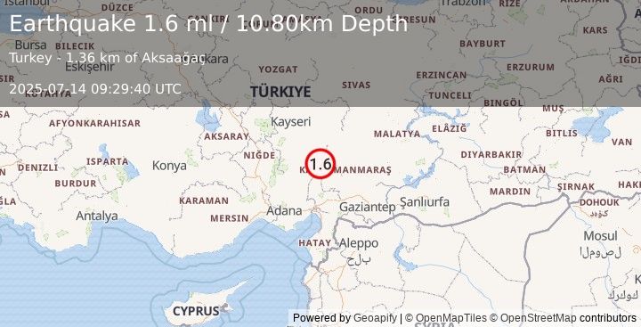 Earthquake CENTRAL TURKEY (1.6 ml) (2025-07-14 09:29:40 UTC)