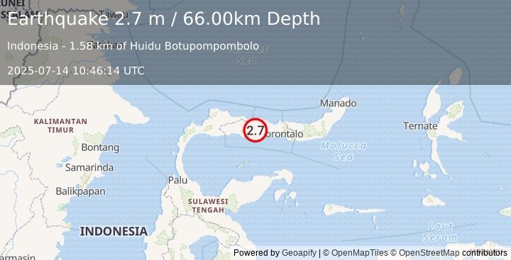 Earthquake MINAHASA, SULAWESI, INDONESIA (2.7 m) (2025-07-14 10:46:14 UTC)