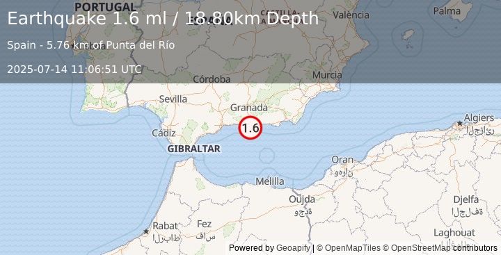Earthquake STRAIT OF GIBRALTAR (1.6 ml) (2025-07-14 11:06:51 UTC)