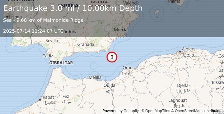 Earthquake WESTERN MEDITERRANEAN SEA (3.0 ml) (2025-07-14 11:24:07 UTC)