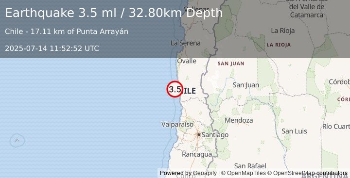 Earthquake OFFSHORE COQUIMBO, CHILE (3.5 ml) (2025-07-14 11:52:52 UTC)