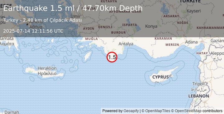 Earthquake WESTERN TURKEY (1.5 ml) (2025-07-14 12:11:56 UTC)