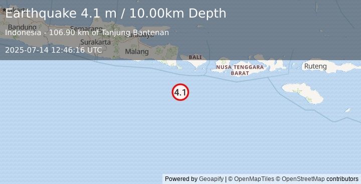 Earthquake SOUTH OF BALI, INDONESIA (4.1 m) (2025-07-14 12:46:16 UTC)