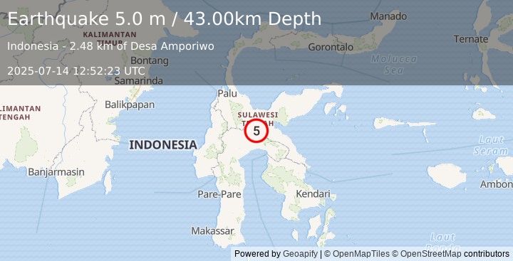 Earthquake SULAWESI, INDONESIA (5.0 mw) (2025-07-14 12:52:19 UTC)
