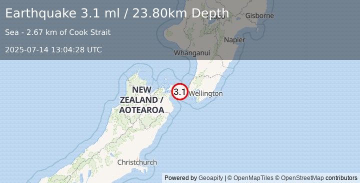 Earthquake COOK STRAIT, NEW ZEALAND (3.1 ml) (2025-07-14 13:04:28 UTC)