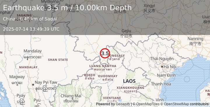 Earthquake CHINA-LAOS BORDER REGION (3.5 m) (2025-07-14 13:49:39 UTC)