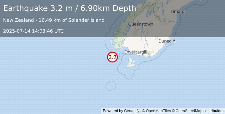Earthquake OFF W. COAST OF S. ISLAND, N.Z. (3.2 m) (2025-07-14 14:03:46 UTC)