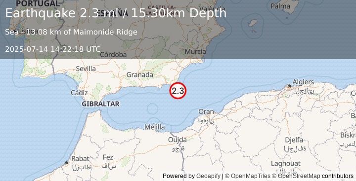 Earthquake WESTERN MEDITERRANEAN SEA (2.3 ml) (2025-07-14 14:22:18 UTC)