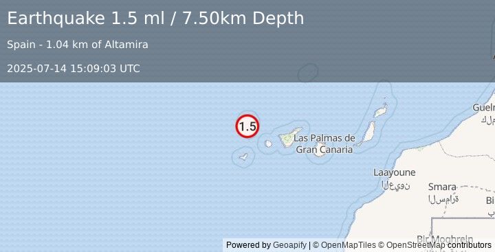 Earthquake CANARY ISLANDS, SPAIN REGION (1.5 ml) (2025-07-14 15:09:03 UTC)