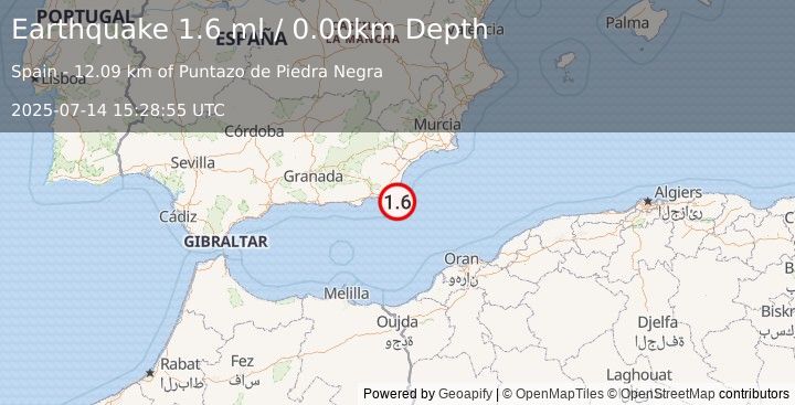 Earthquake WESTERN MEDITERRANEAN SEA (1.6 ml) (2025-07-14 15:28:55 UTC)