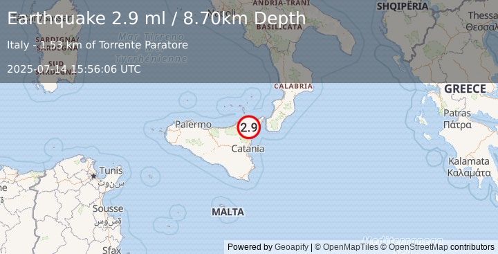 Earthquake SICILY, ITALY (2.9 ml) (2025-07-14 15:56:06 UTC)