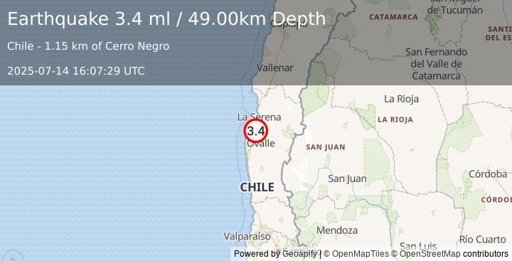 Earthquake COQUIMBO, CHILE (3.4 ml) (2025-07-14 16:07:29 UTC)