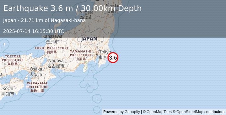 Earthquake NEAR EAST COAST OF HONSHU, JAPAN (3.6 m) (2025-07-14 16:15:30 UTC)