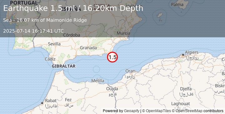 Earthquake WESTERN MEDITERRANEAN SEA (1.5 ml) (2025-07-14 16:17:41 UTC)