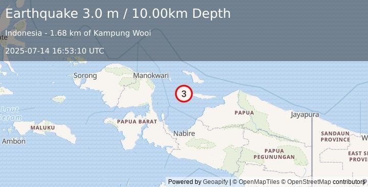 Earthquake BIAK REGION, INDONESIA (3.0 m) (2025-07-14 16:53:10 UTC)