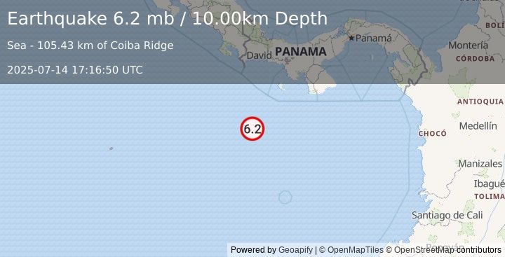 Earthquake SOUTH OF PANAMA (6.2 mw) (2025-07-14 17:16:49 UTC)