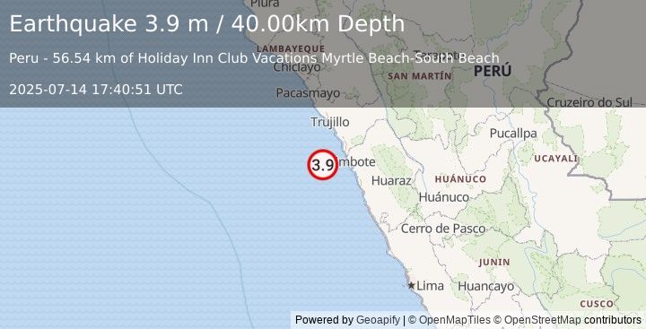 Earthquake OFF COAST OF NORTHERN PERU (3.9 m) (2025-07-14 17:40:51 UTC)