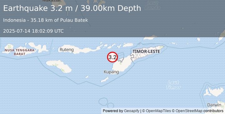 Earthquake TIMOR REGION, INDONESIA (3.2 m) (2025-07-14 18:02:09 UTC)