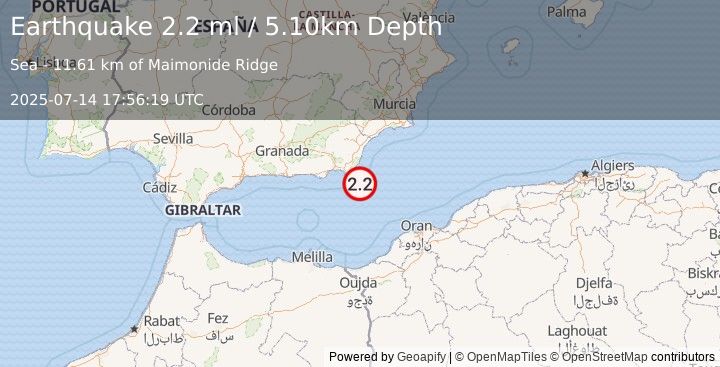 Earthquake WESTERN MEDITERRANEAN SEA (2.2 ml) (2025-07-14 17:56:19 UTC)