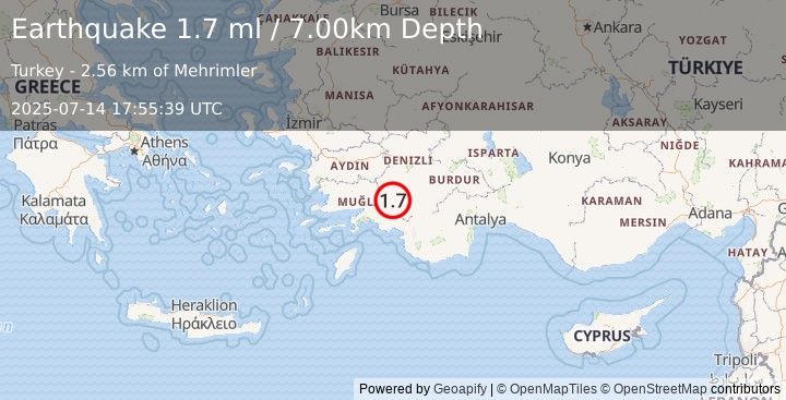Earthquake WESTERN TURKEY (1.7 ml) (2025-07-14 17:55:39 UTC)