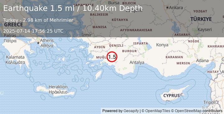 Earthquake WESTERN TURKEY (1.5 ml) (2025-07-14 17:56:25 UTC)