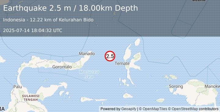 Earthquake MOLUCCA SEA (2.5 m) (2025-07-14 18:04:32 UTC)