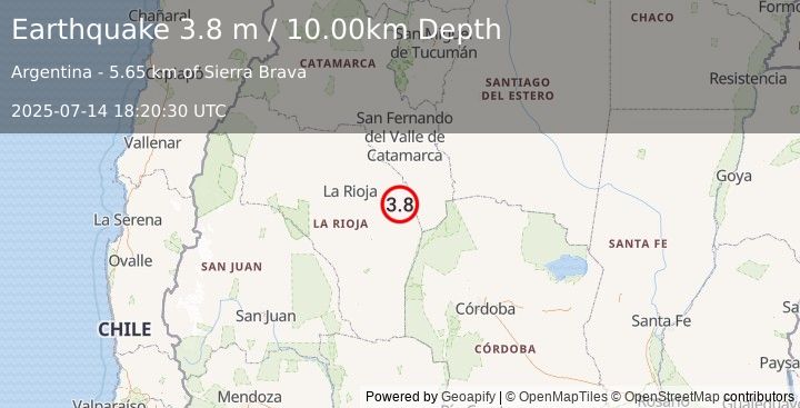 Earthquake LA RIOJA, ARGENTINA (3.8 m) (2025-07-14 18:20:30 UTC)