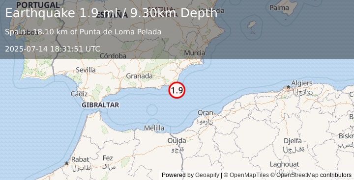 Earthquake WESTERN MEDITERRANEAN SEA (1.9 ml) (2025-07-14 18:31:51 UTC)