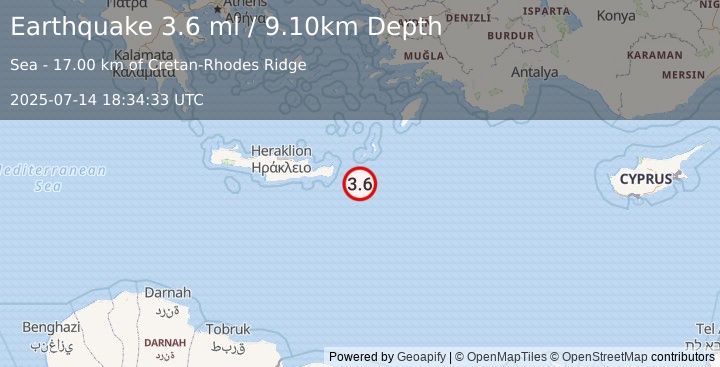Earthquake CRETE, GREECE (3.6 ml) (2025-07-14 18:34:33 UTC)